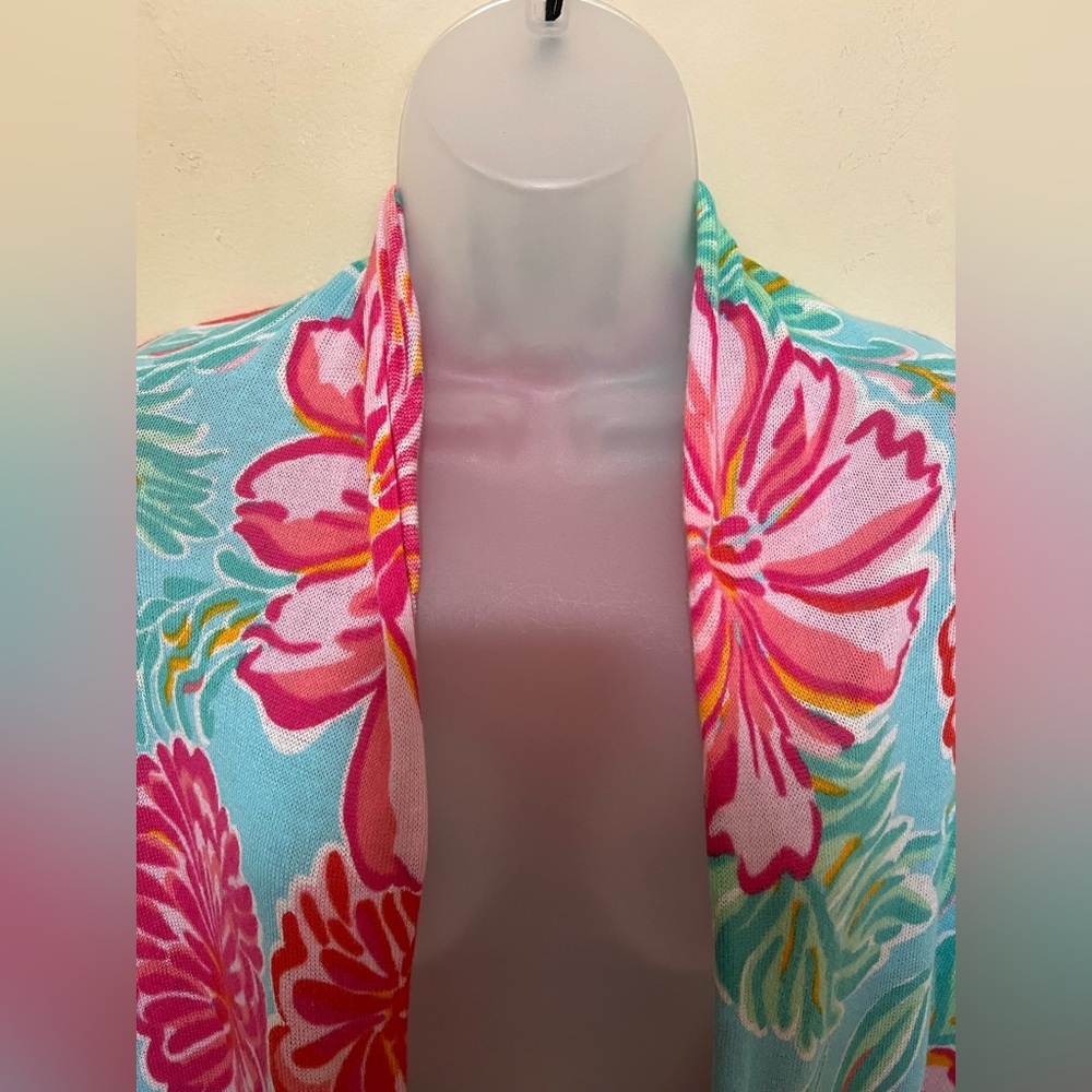 Lilly Pulitzer L/XL Open Swing Cardigan Shawl Swing Teal Pink Draped Jacey - Picture 6 of 11
